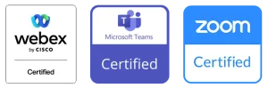 Badge pour montrer la compatibilité des systèmes Aver avec WebEx, Microsoft Teams et Zoom.